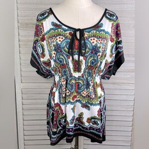CLAUDIA RICHARD Boho Elastic Waist Medallion Print Blouse Black/Multi-XL
